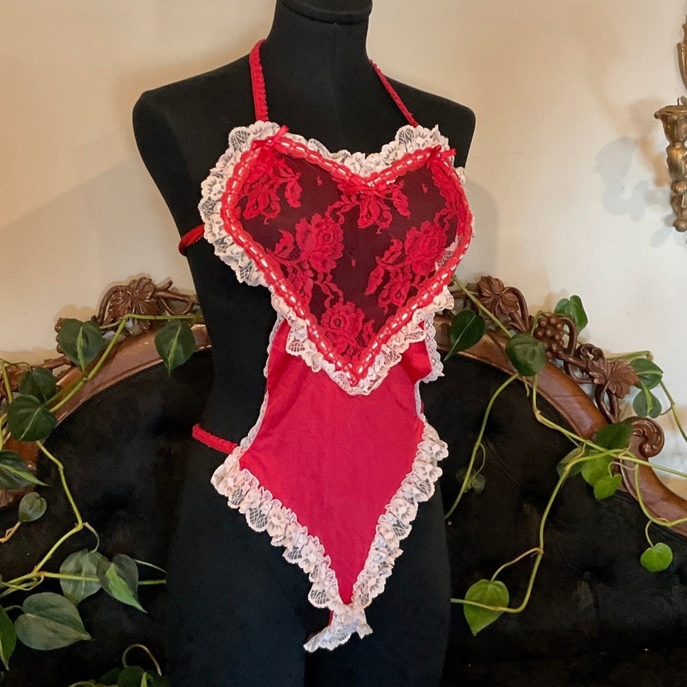 vintage Chorus Ruffle Floral Lace Halter Lingerie Babydoll High Cut One Size Red